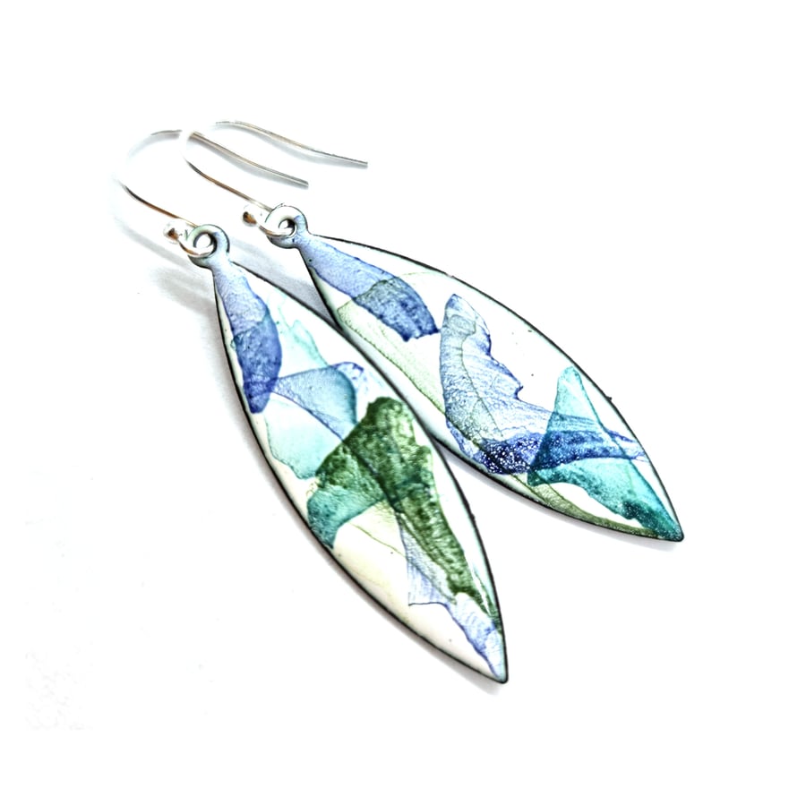 Abstract Colour enamel marquise drop earrings - white, green, blue