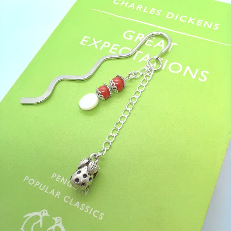 Silver Bookmark with Coral & Mother of Pearl Beaded Charm and Strawberry Charm