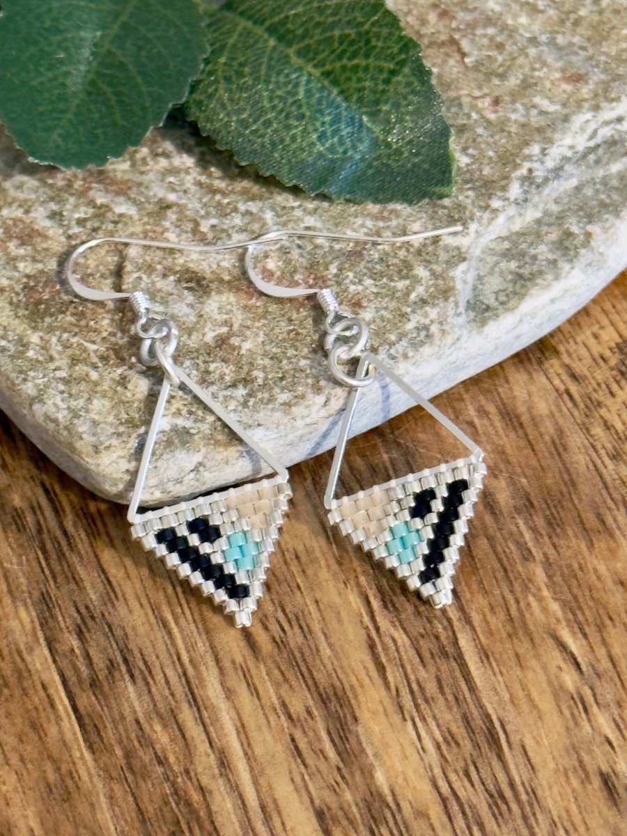 Lightweight geometric beadwork earrings in silver, black and turquoise 