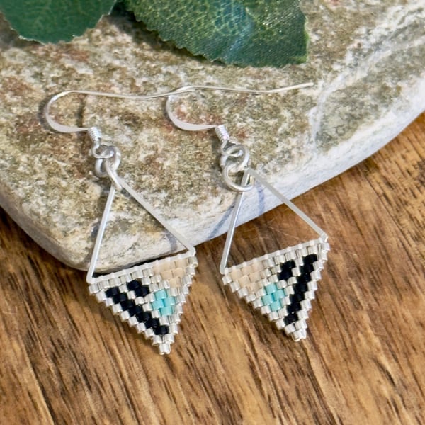Lightweight geometric beadwork earrings in silver, black and turquoise 