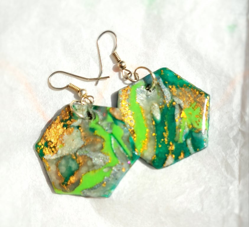 Beautiful pair of glitter polymer clay earrings, green, white, silver, gold