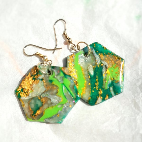 Beautiful pair of glitter polymer clay earrings, green, white, silver, gold