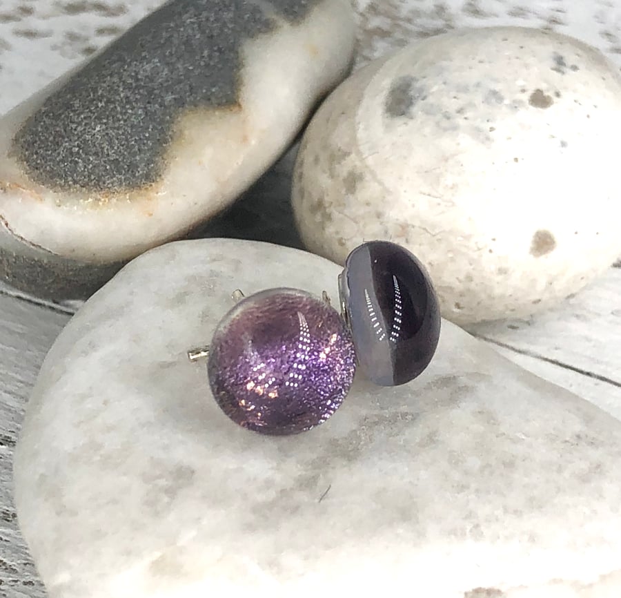 Purple Glass and Silver Stud Earrings