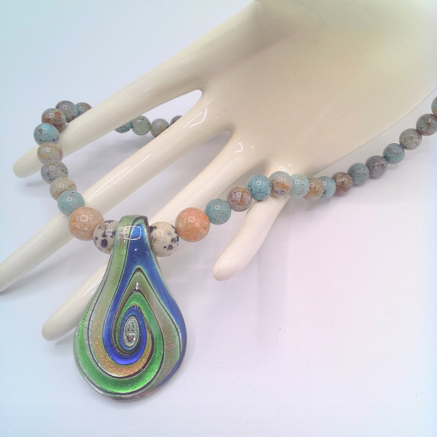 Glass Pendant with Blue Green and Gold Swirls on a Mixed Gemstone Necklace