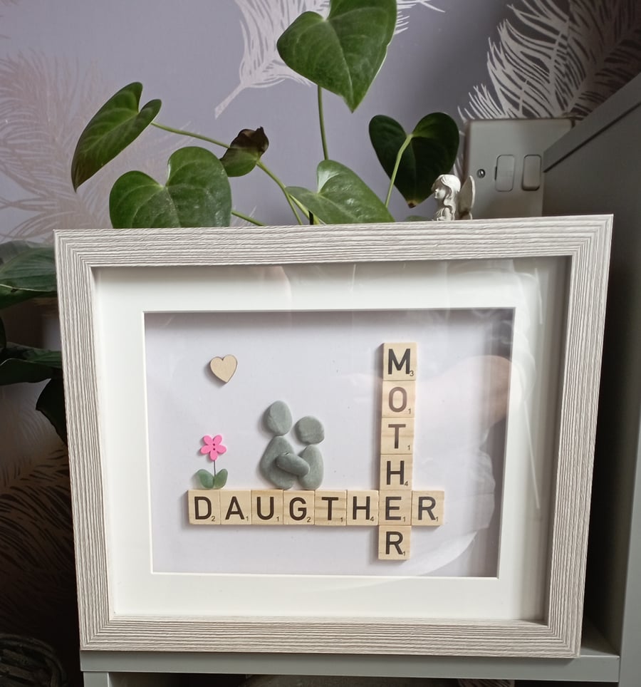 Mother and daughter pebble art, Scrabble words, mother's day