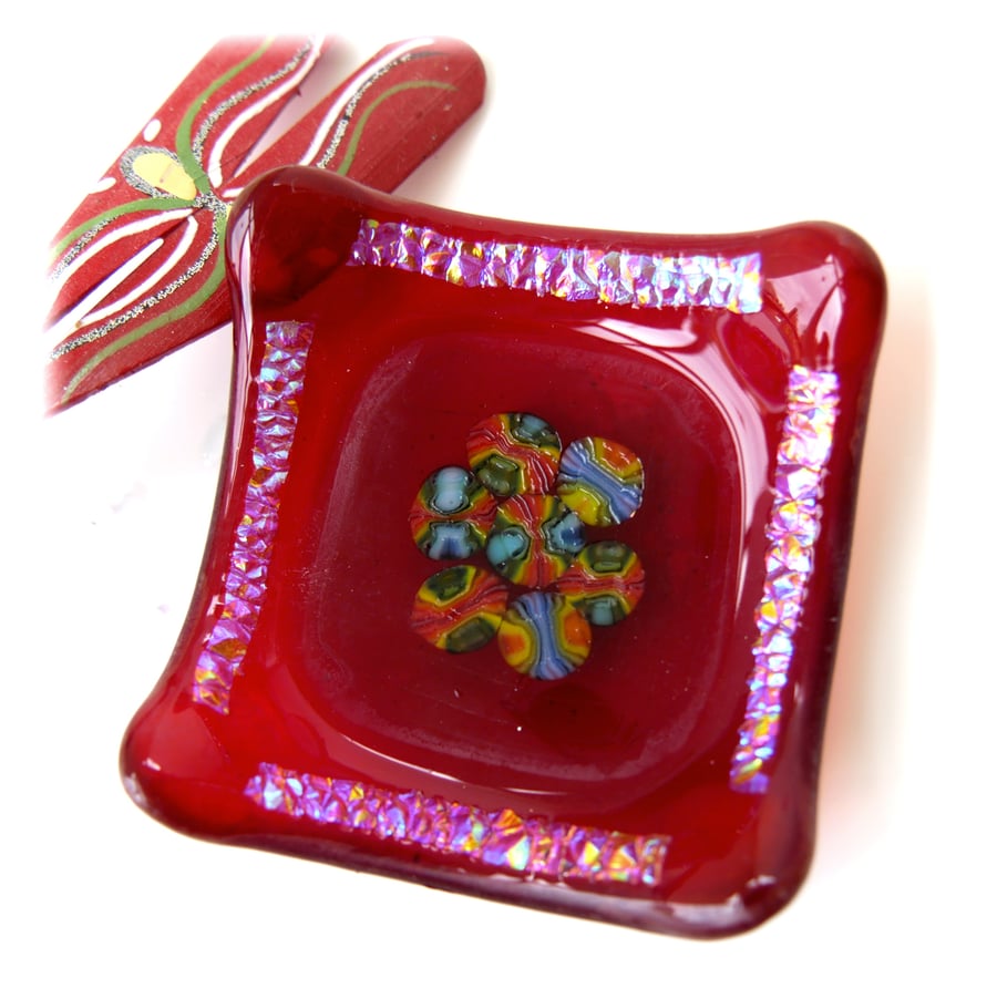 Red Ring Earring Fused Glass Dish Dichroic Millefiori Gift Art Handmade