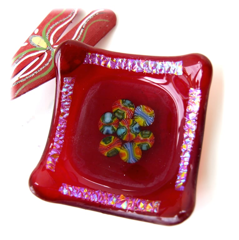 Red Ring Earring Fused Glass Dish Dichroic Millefiori Gift Art Handmade