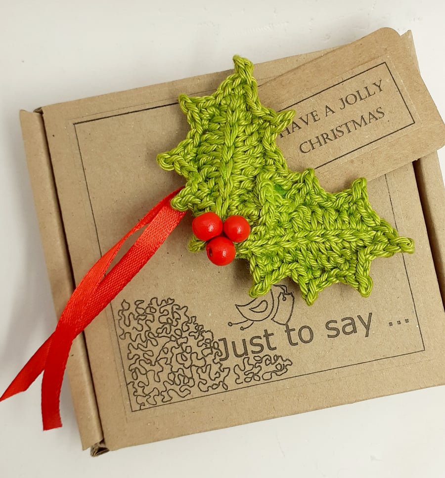 . Crochet Holly Brooch on a Gift Tag