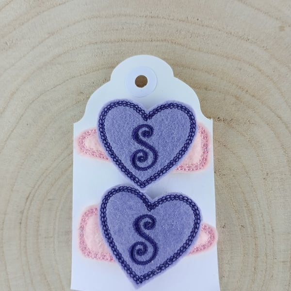 Letters S Hair Clips Embroidered In A Heart In Lilac Thread