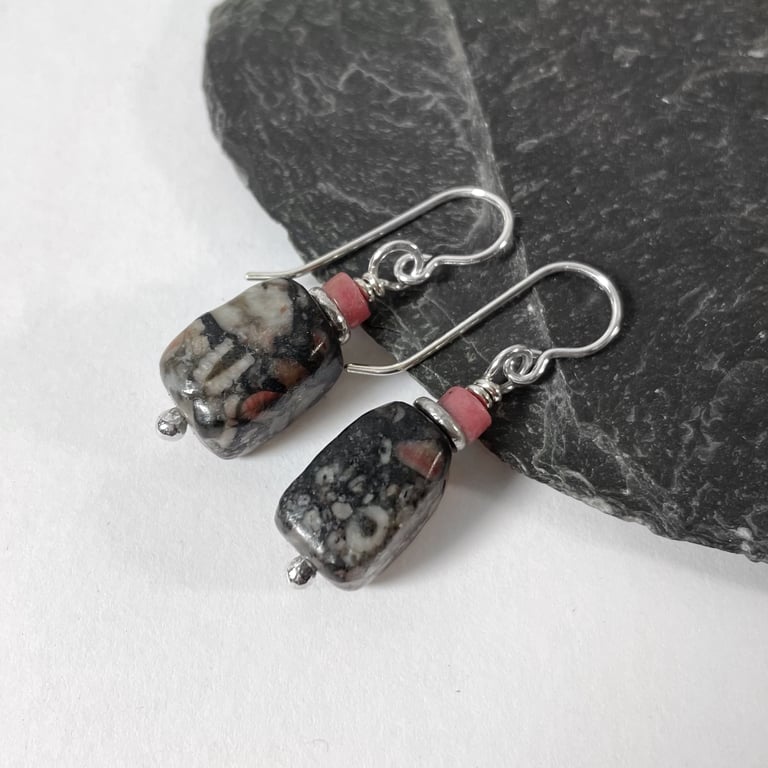 sterling silver crinoid fossil and rhodocrosite earrings