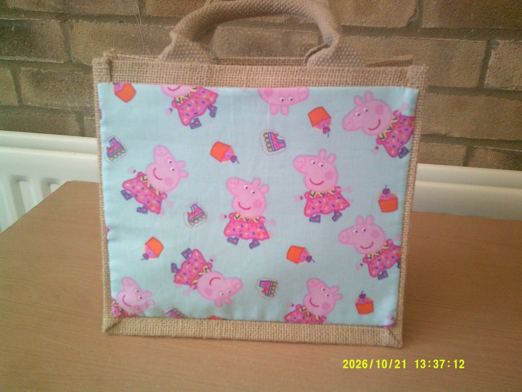 Small Jute Bag with Fabric Pocket featuring Peppa Pig