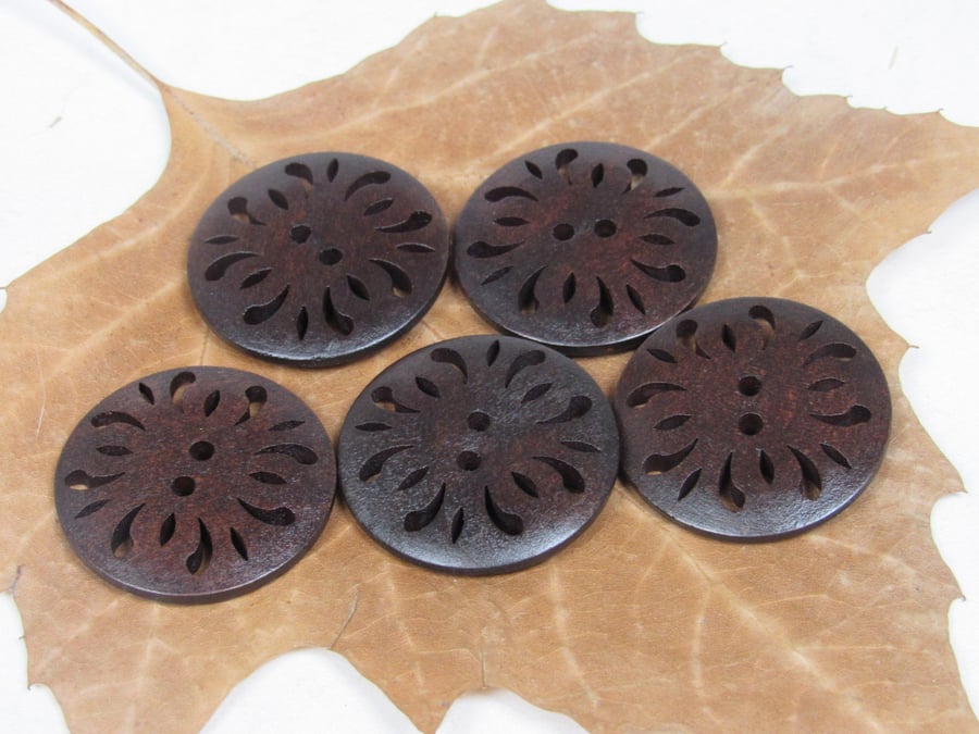 5 Large Dark Pierced Wood Buttons