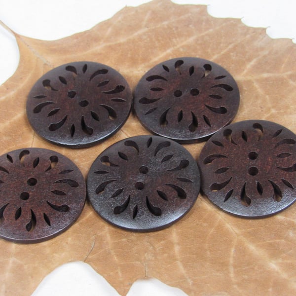 5 Large Dark Pierced Wood Buttons