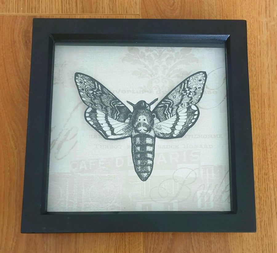 3D VINTAGE PAPER MOTH - art shadow box frame 9 x 9" 