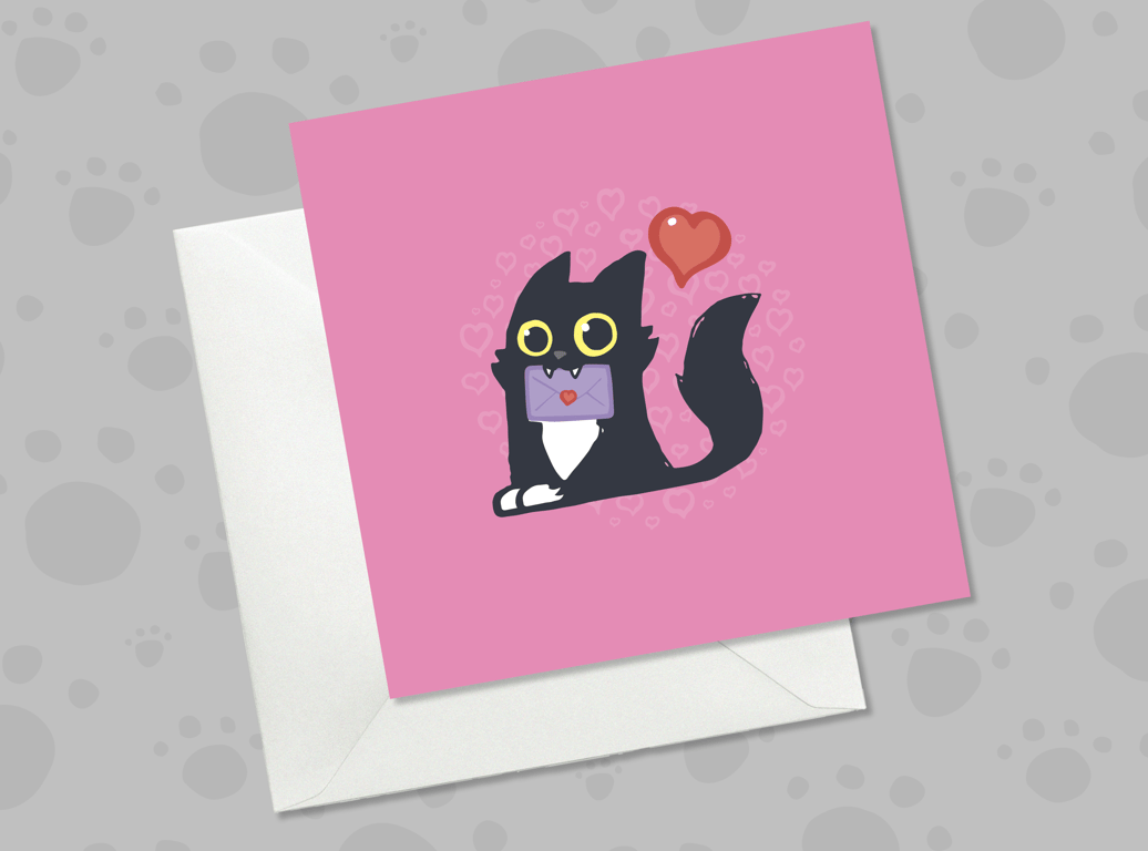 Tuxedo Cat Valentine’s Day Card – Pink Love Card with Black & White Cat