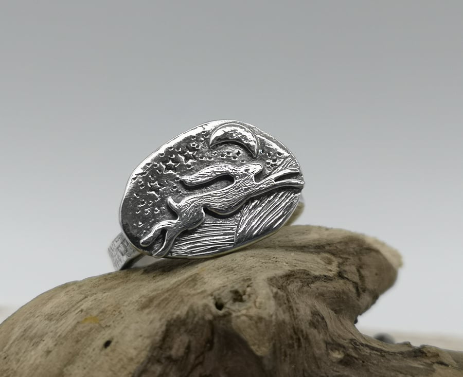 Running Hare Ring with Crescent Moon (SIZE 0 and half) 