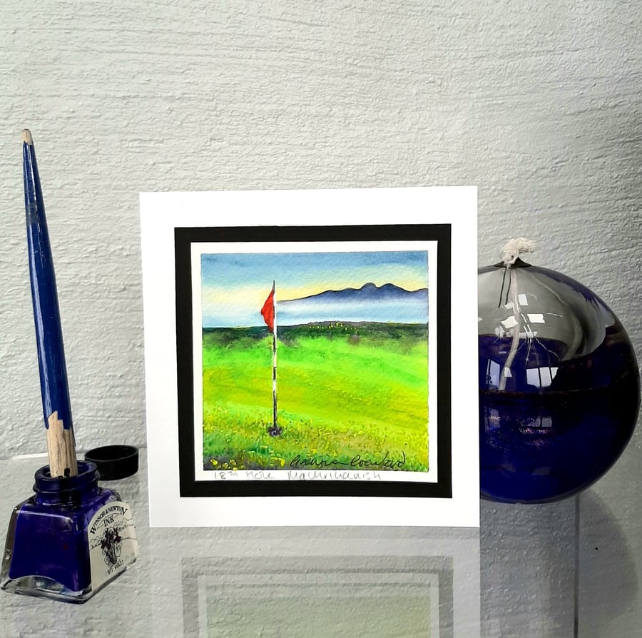18th Hole Machrihanish, Scotland With Jura  Whisky Isle Handpainted Blank Card 