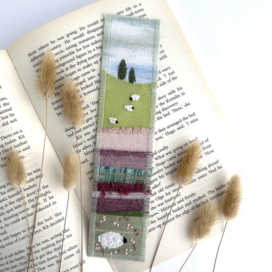 Bookmark with Fields and Sheep, British Countryside Textile Art