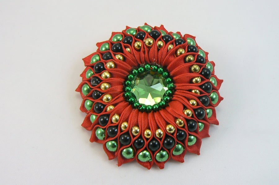 Ribbon flower brooch with beads