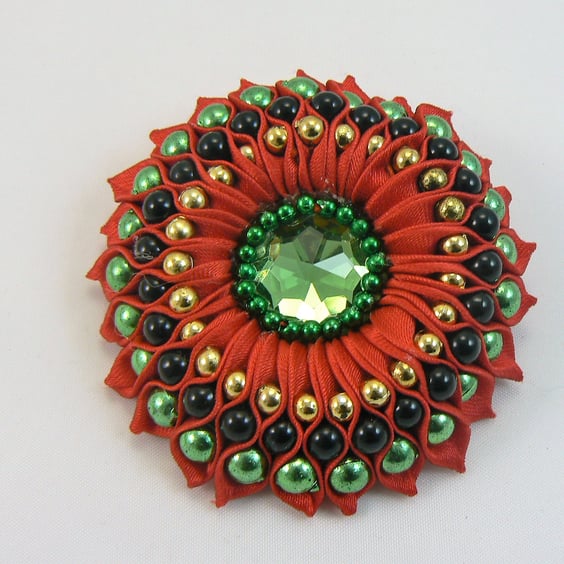 Ribbon flower brooch with beads