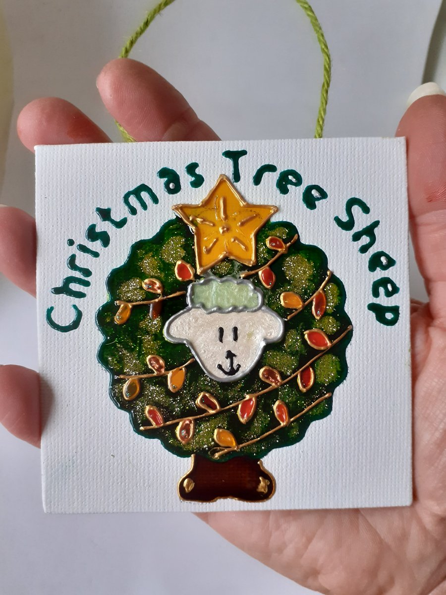 Christmas Tree Sheep hanging decoration, painted Christmas decoration