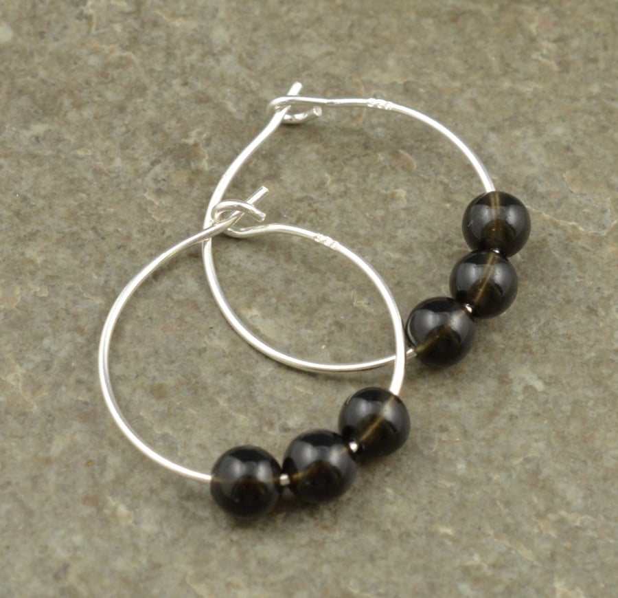 Boho 4mm Tiny Black Obsidian Gemstone & 20mm Sterling Silver Hoop Earrings