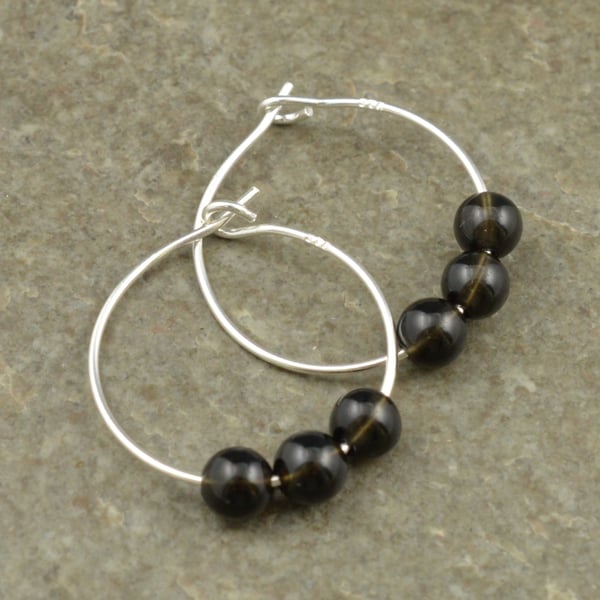 Boho 4mm Tiny Black Obsidian Gemstone & 20mm Sterling Silver Hoop Earrings