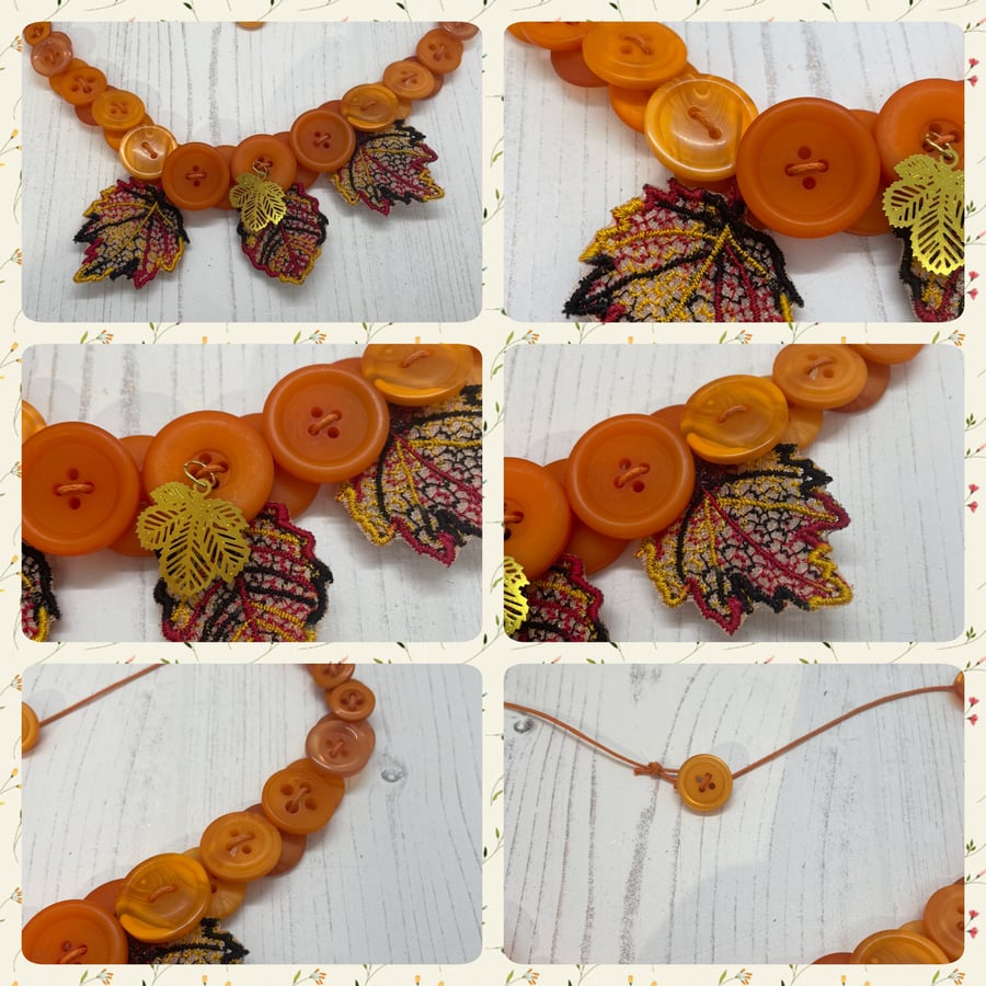 Button Necklace with Leaves in Orange PB5