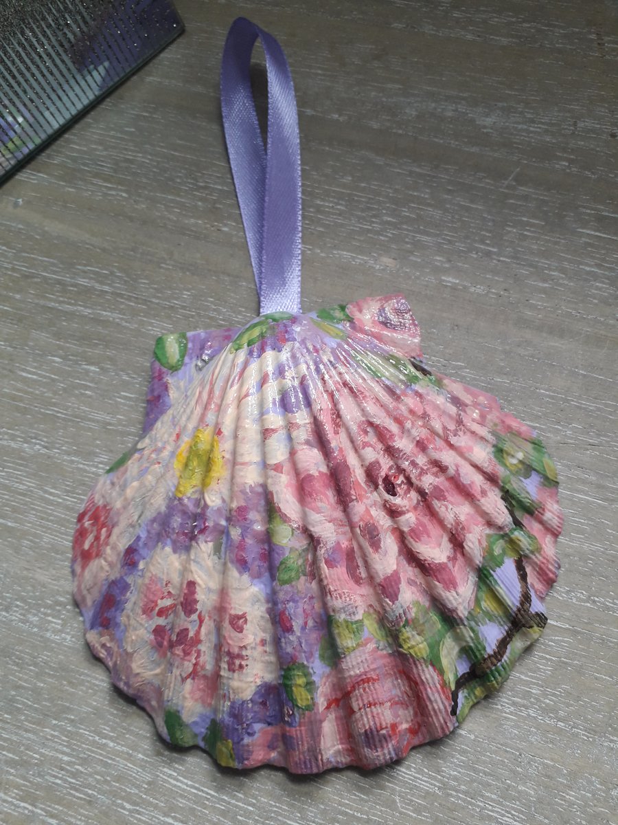 'Pink flowers' handpainted king scallop shell wall art.  