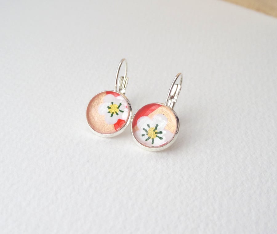 Silver Floral Earrings, Floral Dangle Drop leverback earrings