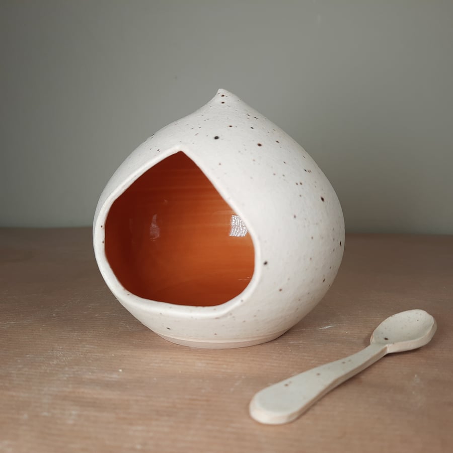 Burnt Orange ceramic salt pig, salt cellar and spoon. 