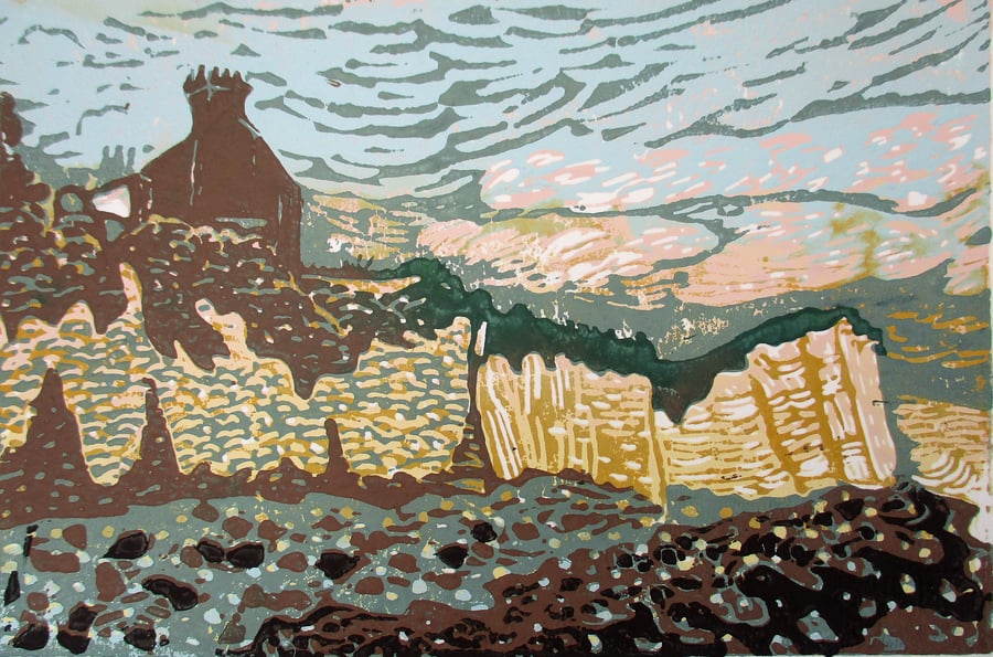 Birling Gap Beach, East Sussex - Original Hand Pressed Linocut Print Ltd Edition