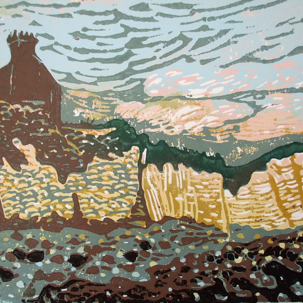 Birling Gap Beach, East Sussex - Original Hand Pressed Linocut Print Ltd Edition