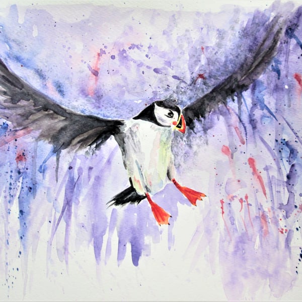 Puffin in Purple Original watercolour painting 