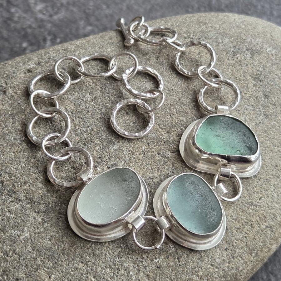 Aqua and white seaglass bracelet, Beach lover gift, Hallmarked jewellery