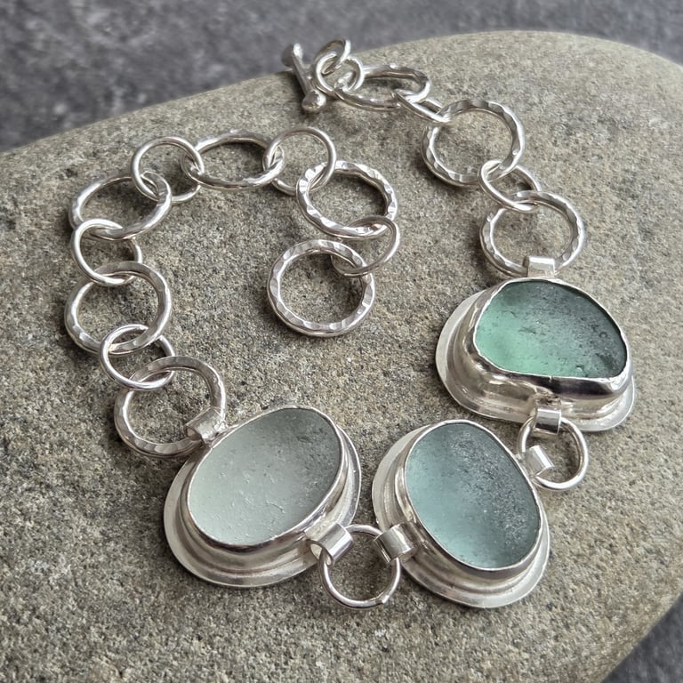 Aqua and white seaglass bracelet, Beach lover gift, Hallmarked jewellery