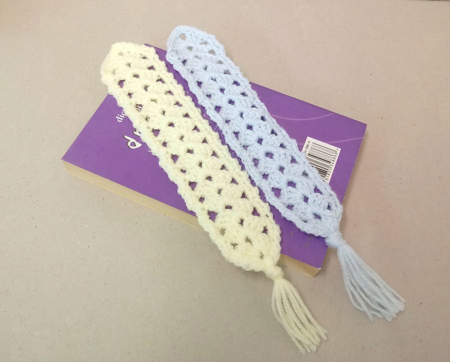 Bookmark in pale blue or lemon with matching tassel, handmade bookmark