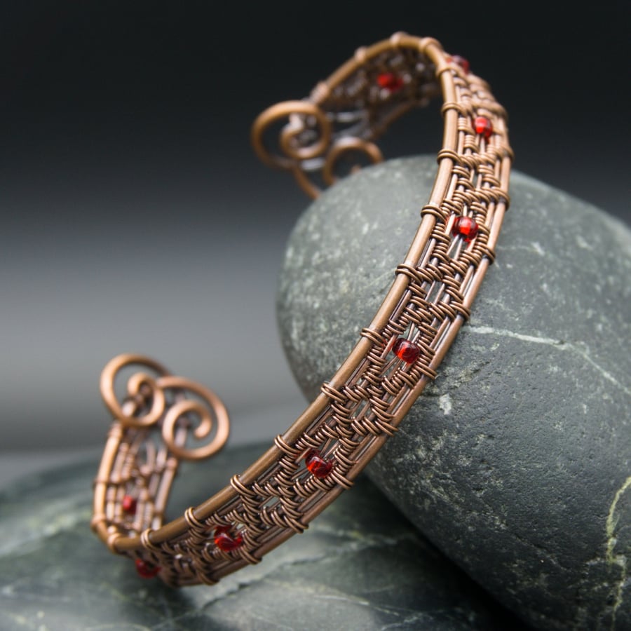 SALE - Diamond Wire Weave Copper Cuff with Red Beads