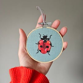 Handmade Ladybird mini hoop, hanging decoration, applique & embroidery