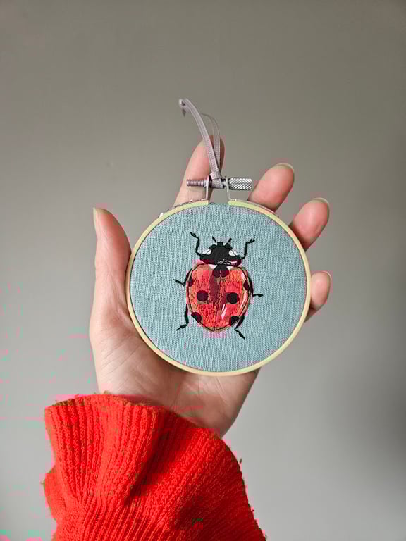 Handmade Ladybird mini hoop, hanging decoration, applique & embroidery