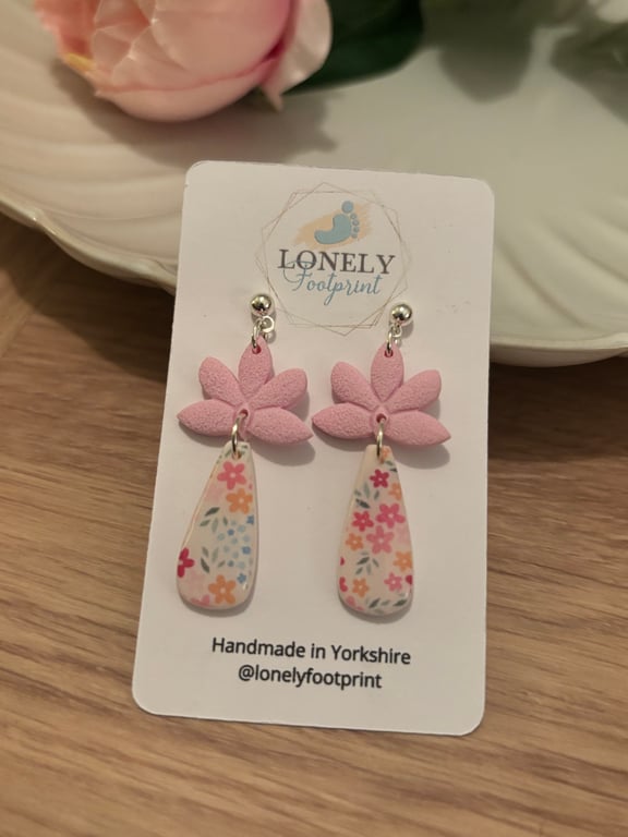 Pink Floral Polymer Clay Earrings, Handmade Jewellery 