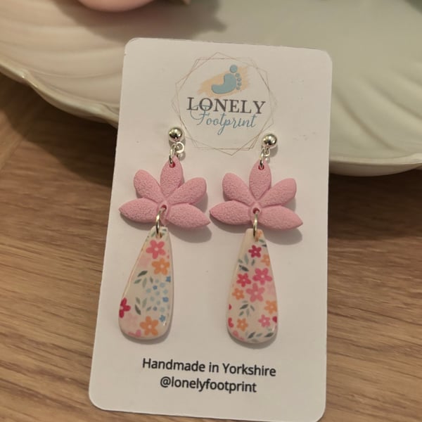 Pink Floral Polymer Clay Earrings, Handmade Jewellery 