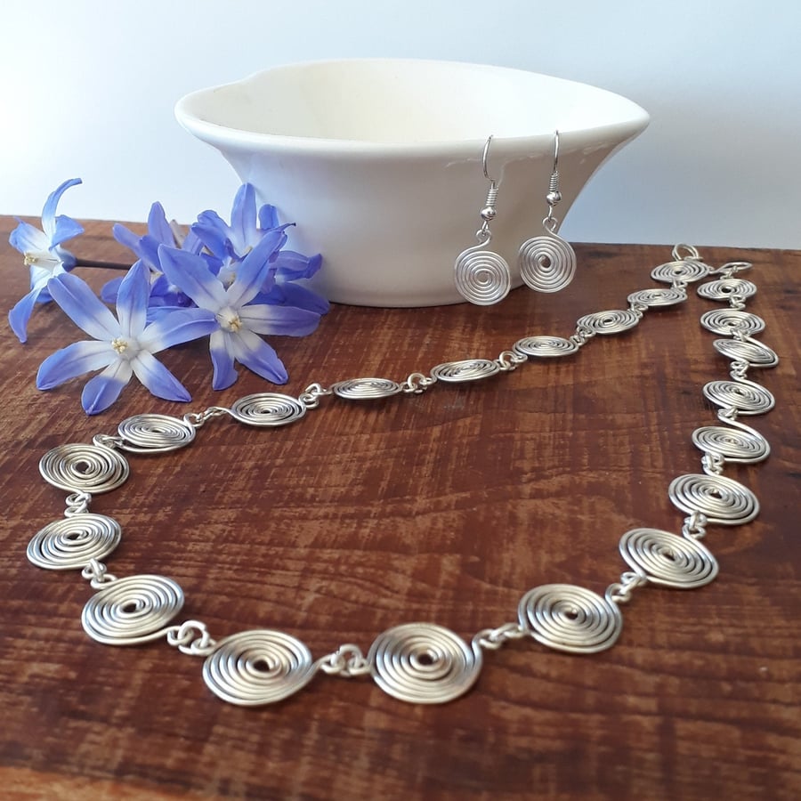 Silver spiral jewellery set, necklace and earrings