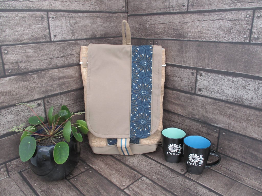 Eco Rucksack -  Handmade from Sustainable Materials - Teal and Beige Pattern 