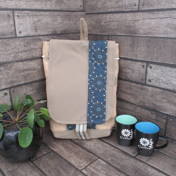 Eco Rucksack -  Handmade from Sustainable Materials - Teal and Beige Pattern 