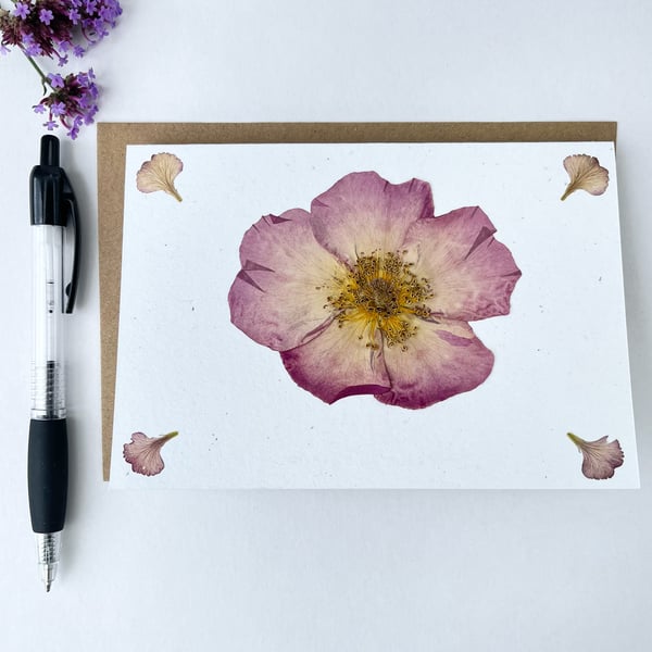 Handmade Real Pressed Rose Greeting Card, Wedding, Anniversary, Birthday
