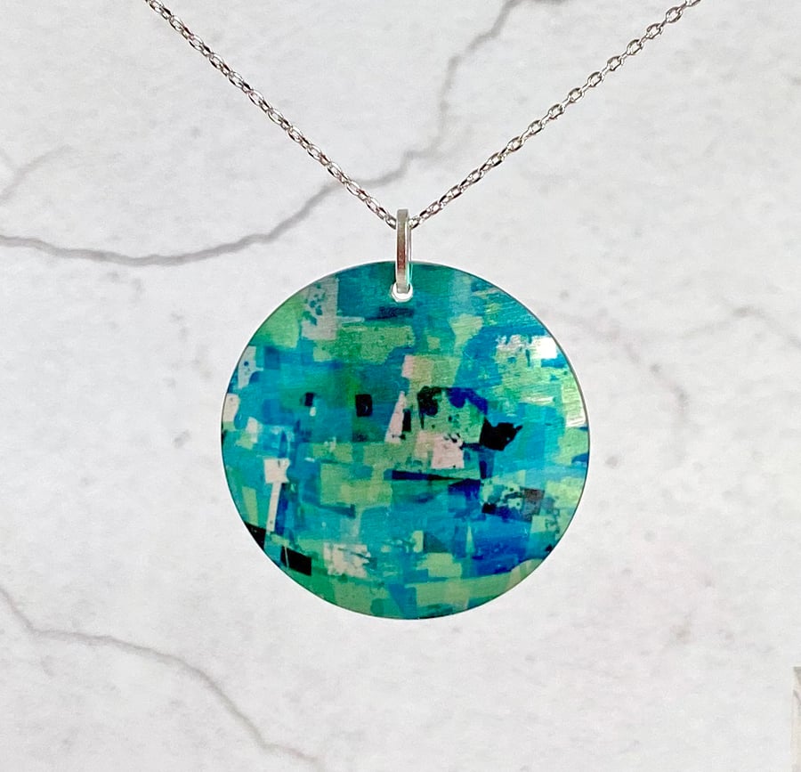 Turquoise teal necklace, 32mm abstract disc pendant, handmade jewellery. (694)