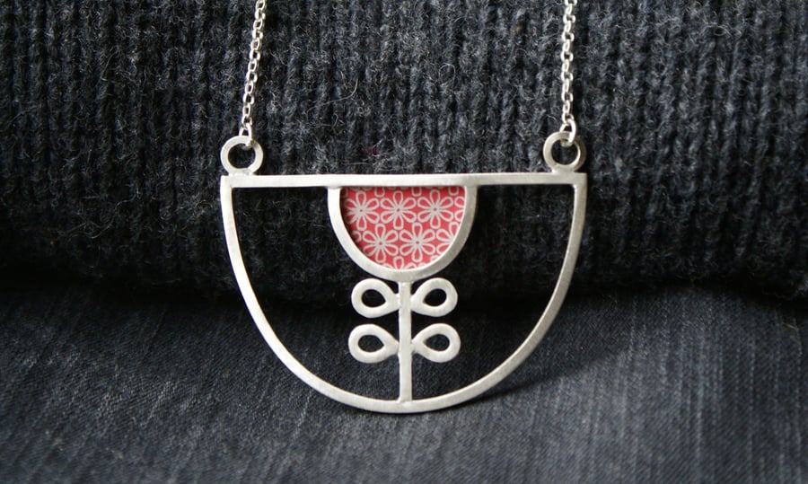 SALE 25% OFF Silver and red flower bib necklace