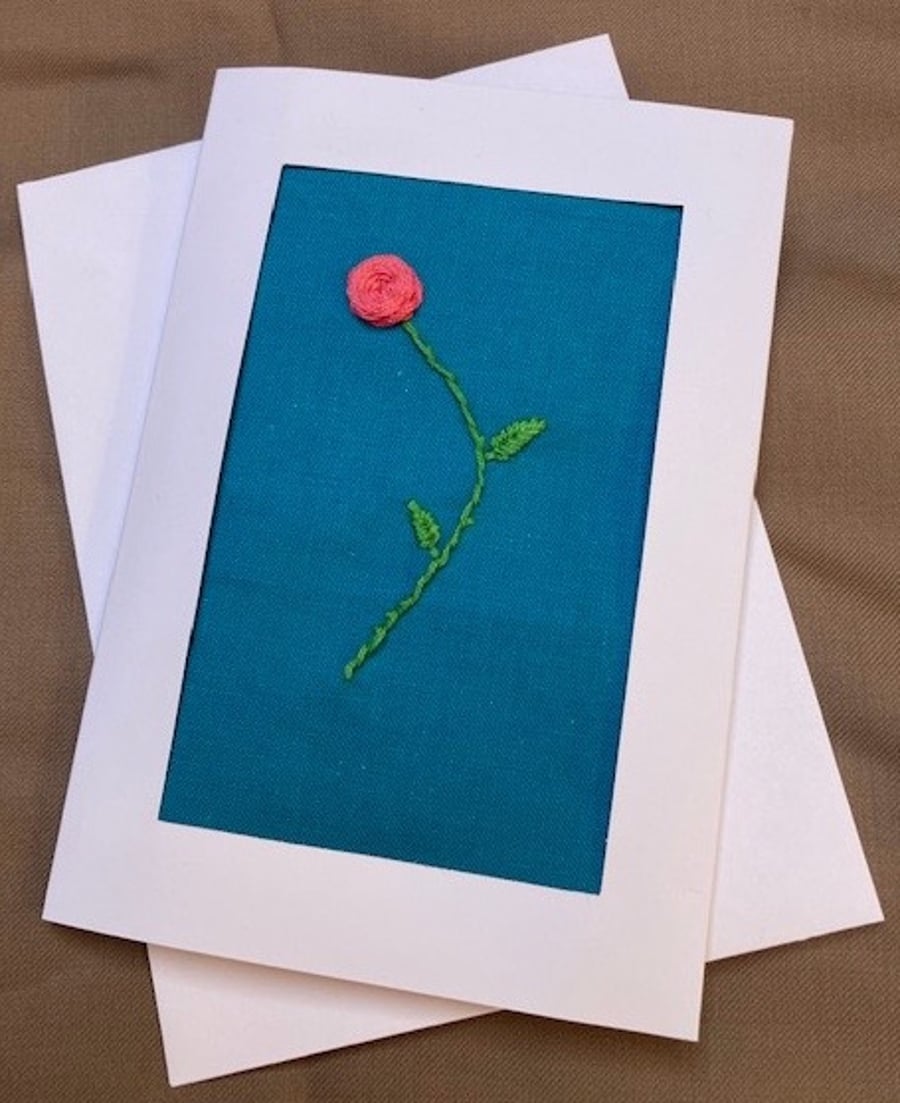 Rose hand embroidered card.