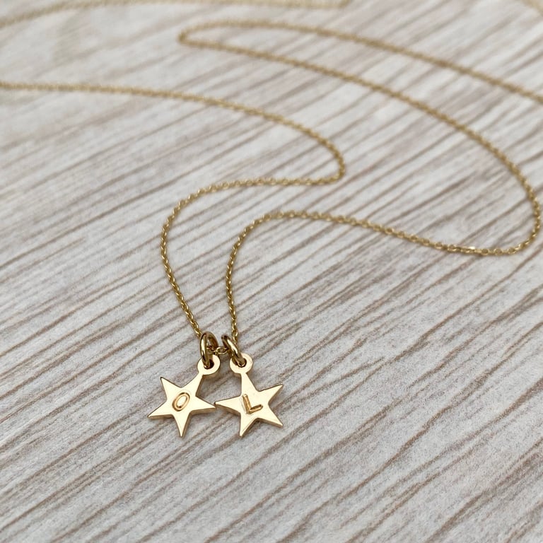 9ct yellow gold teeny tiny star letter charm pendants and chain